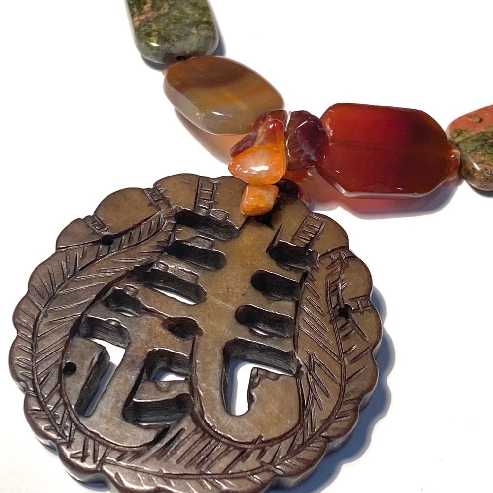 Carved Asian Medallion Necklace w/ Gemstone Beads - Picture 8 of 16